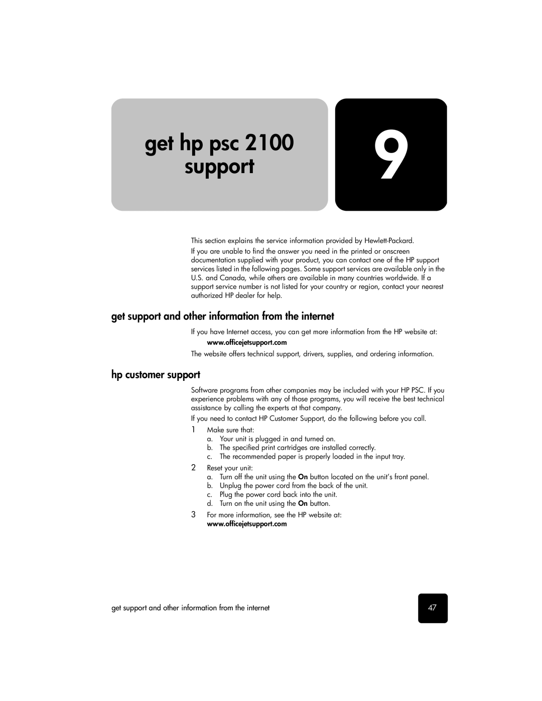 HP 2110xi, 2105 manual Get hp psc Support, Get support and other information from the internet, Hp customer support 