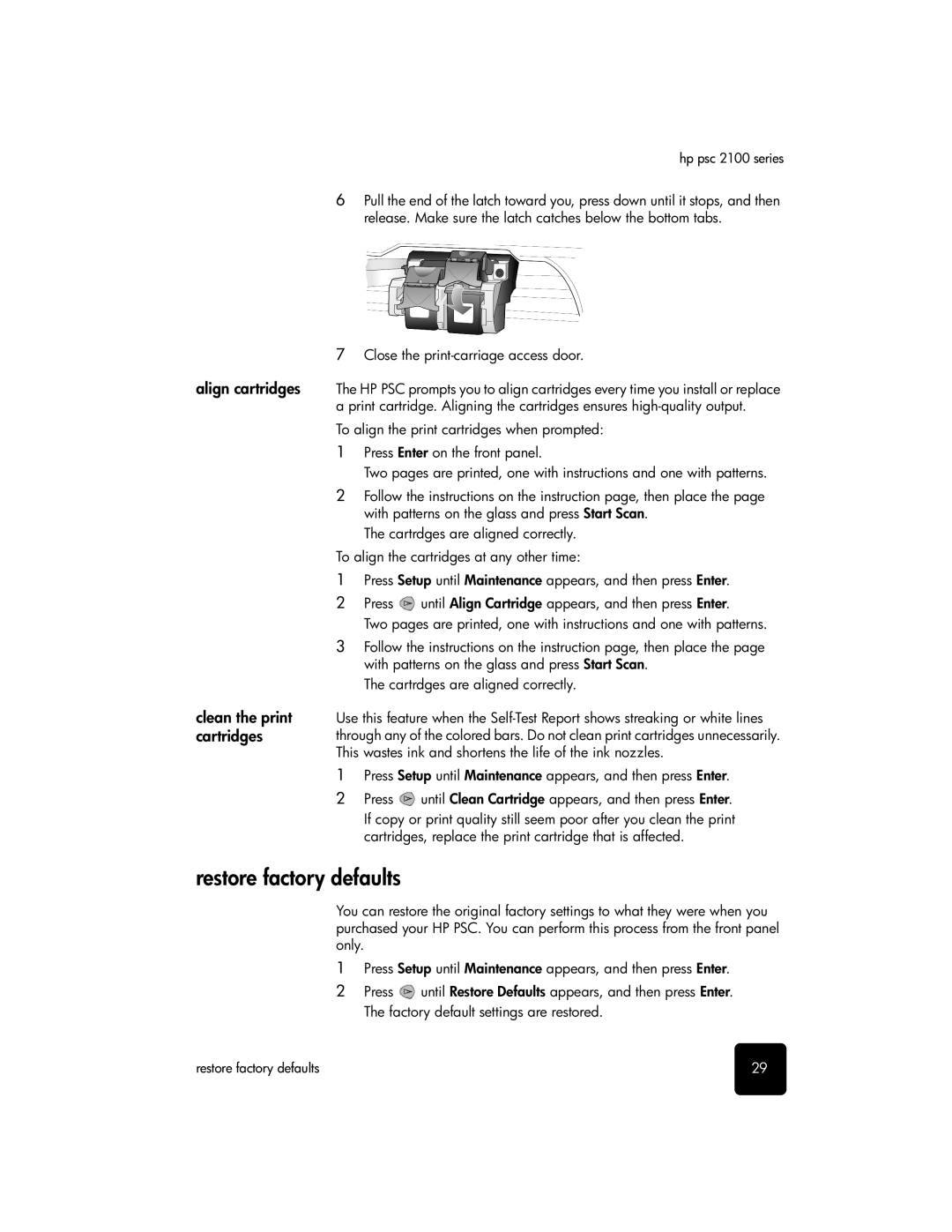 HP 2108, 2115 manual Restore factory defaults, Clean the print cartridges 