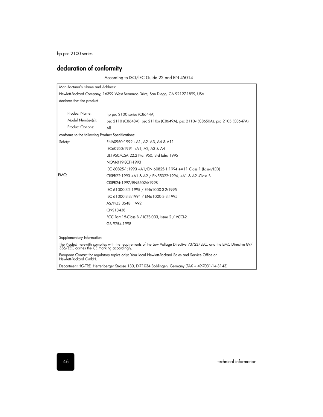 HP 2115, 2108 manual Declaration of conformity, According to ISO/IEC Guide 22 and EN 