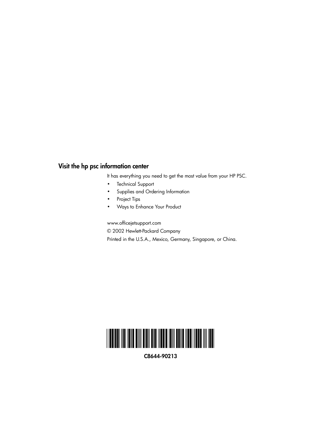 HP 2115, 2108 manual Visit the hp psc information center, C8644-90213 