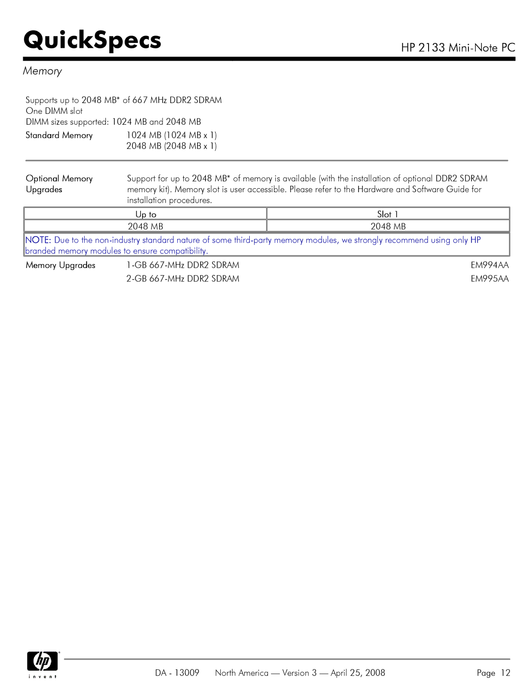 HP 2133 manual Memory 