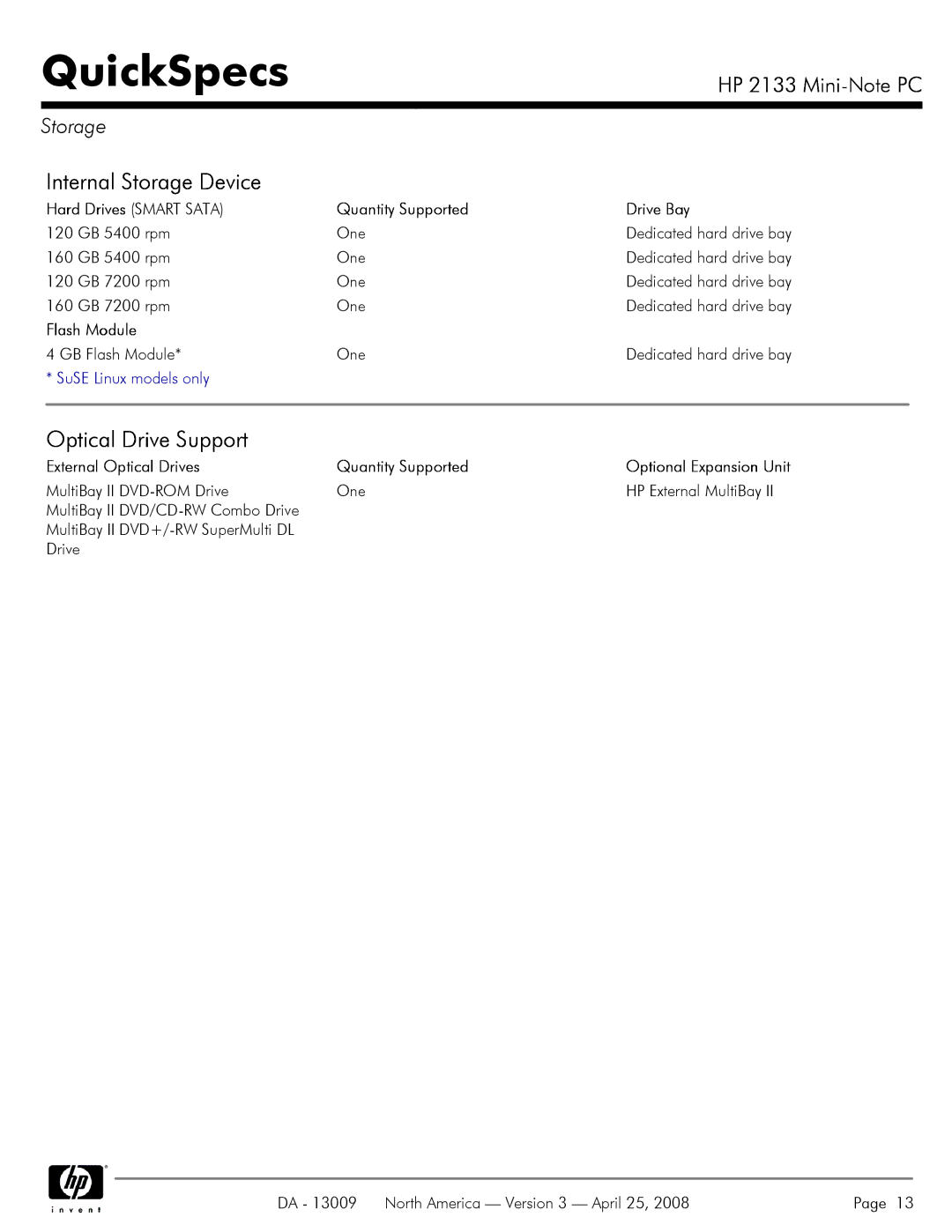 HP 2133 manual Storage, Hard Drives Smart Sata Quantity Supported Drive Bay, Flash Module 