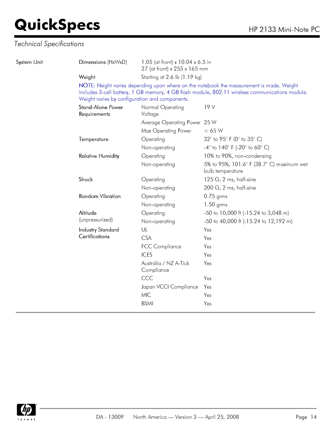 HP 2133 manual Technical Specifications 