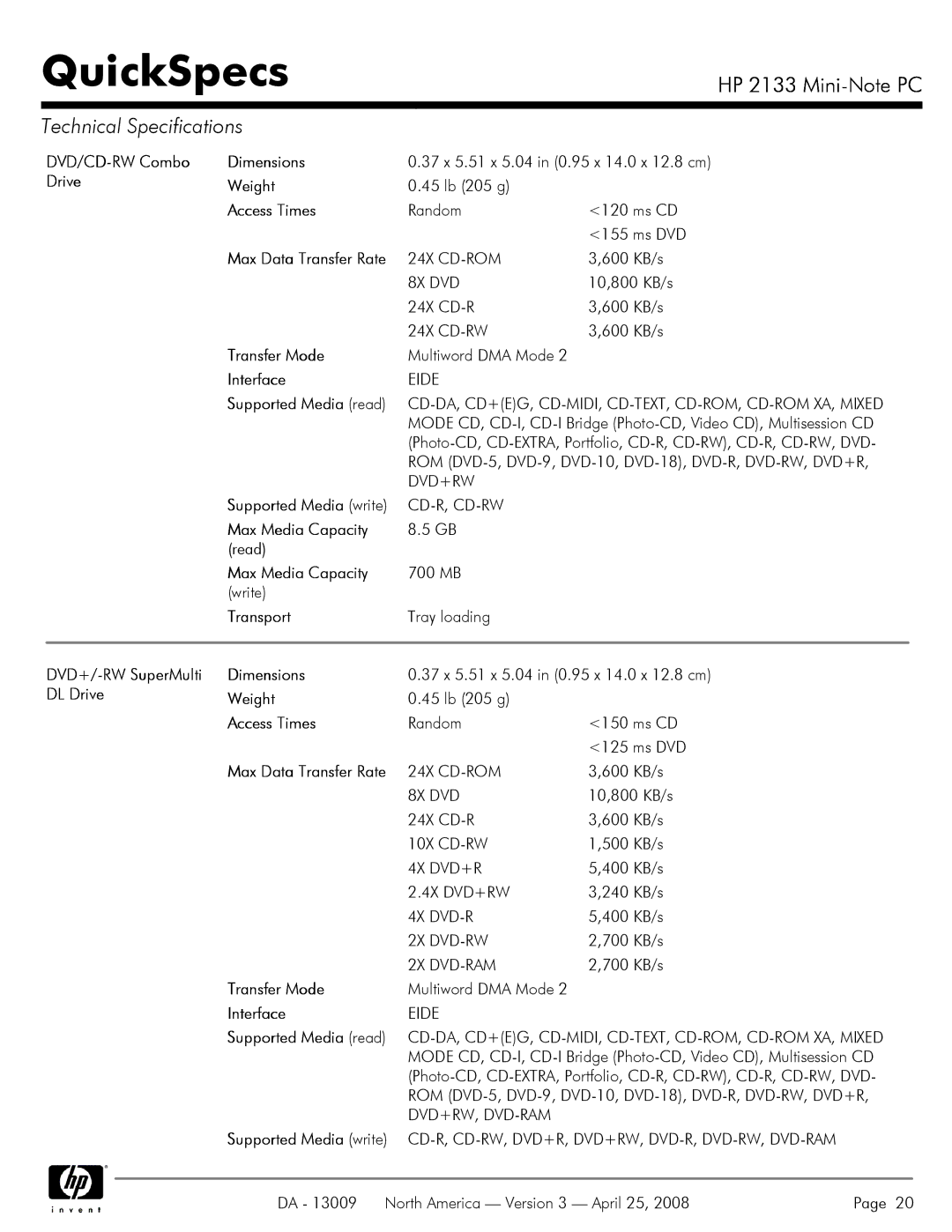 HP 2133 manual DVD/CD-RW Combo Dimensions, DVD+/-RW SuperMulti Dimensions, DL Drive Weight 