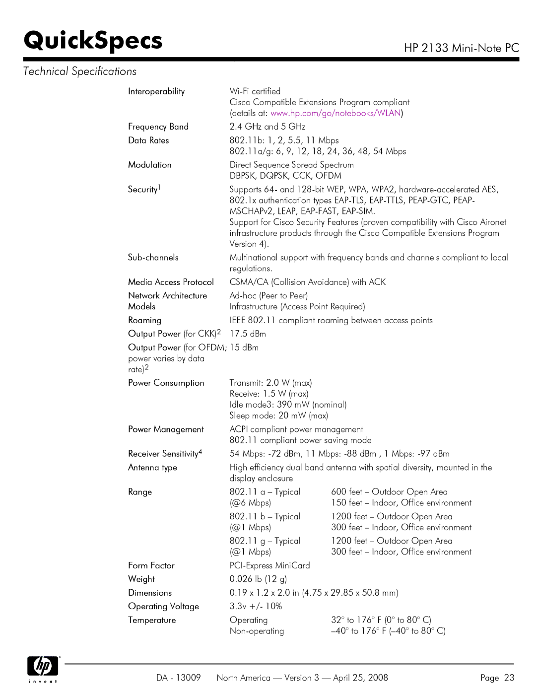 HP 2133 Interoperability, Frequency Band, Data Rates, Modulation, Sub-channels, Media Access Protocol, Models, Roaming 