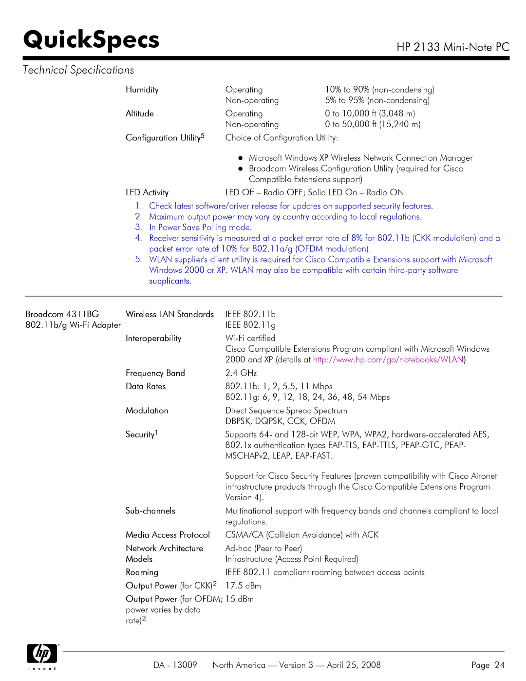 HP 2133 manual Humidity, Configuration Utility, LED Activity, 802.11b/g Wi-Fi Adapter 