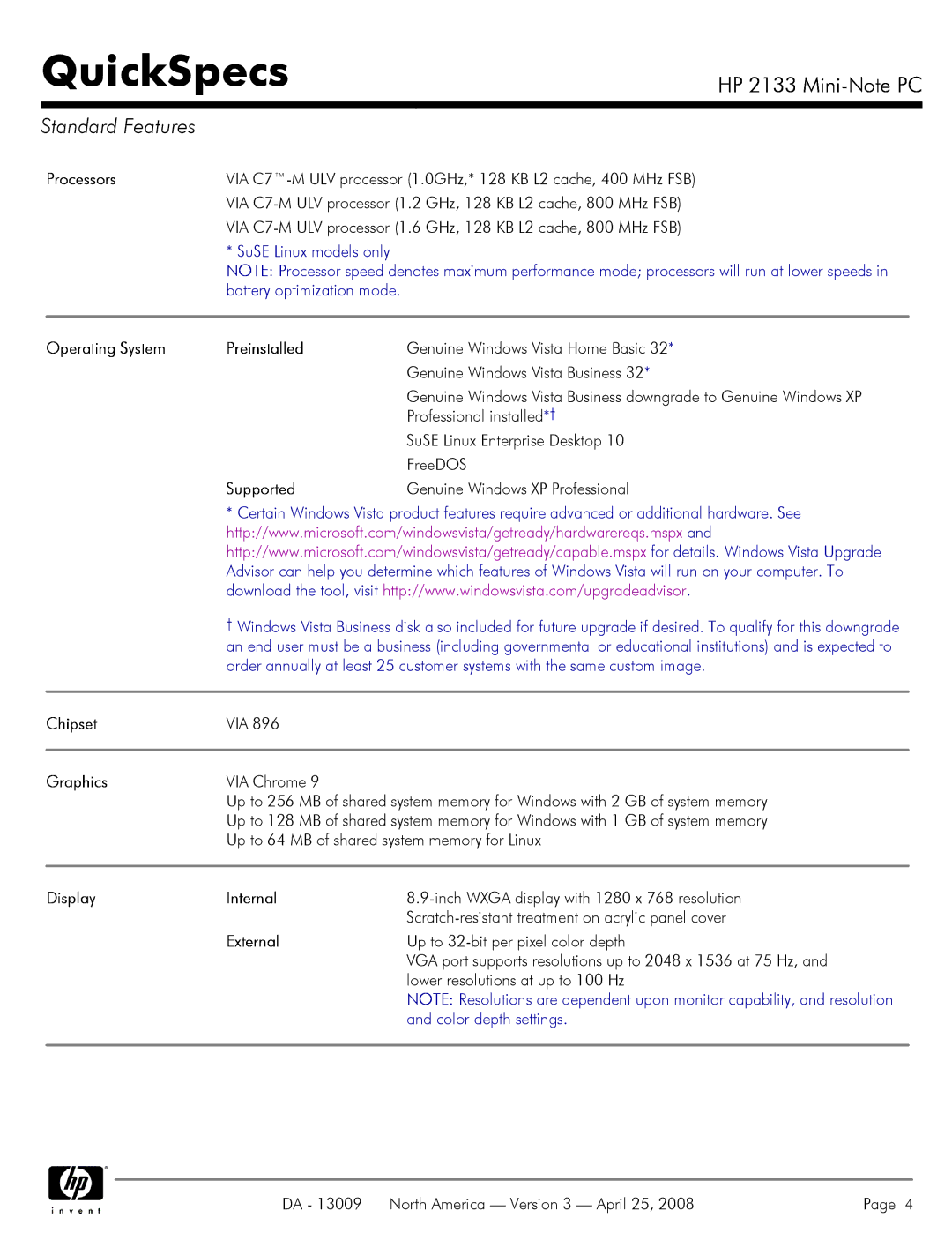 HP 2133 manual Standard Features 