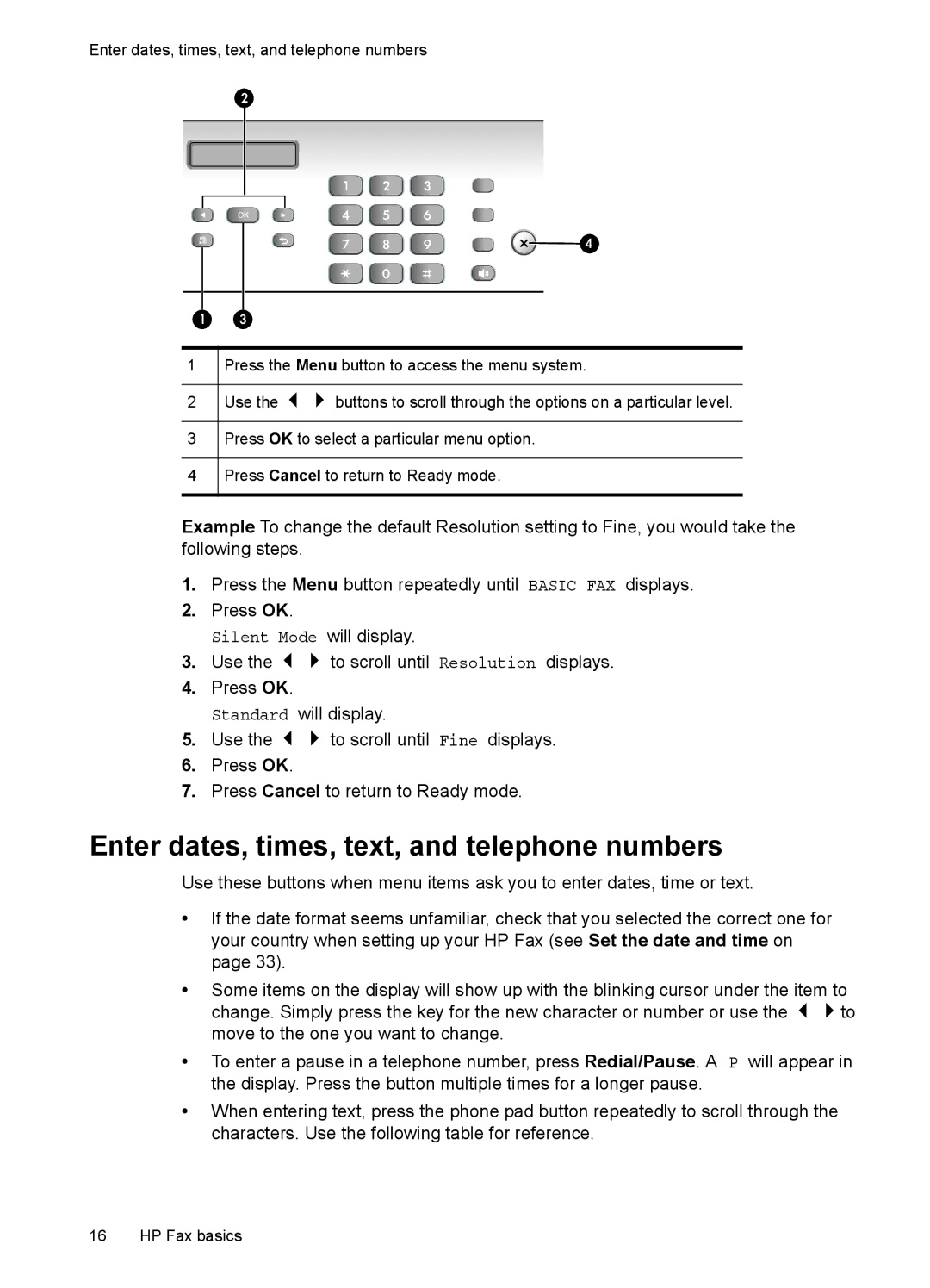 HP 2140 Fax manual Enter dates, times, text, and telephone numbers 