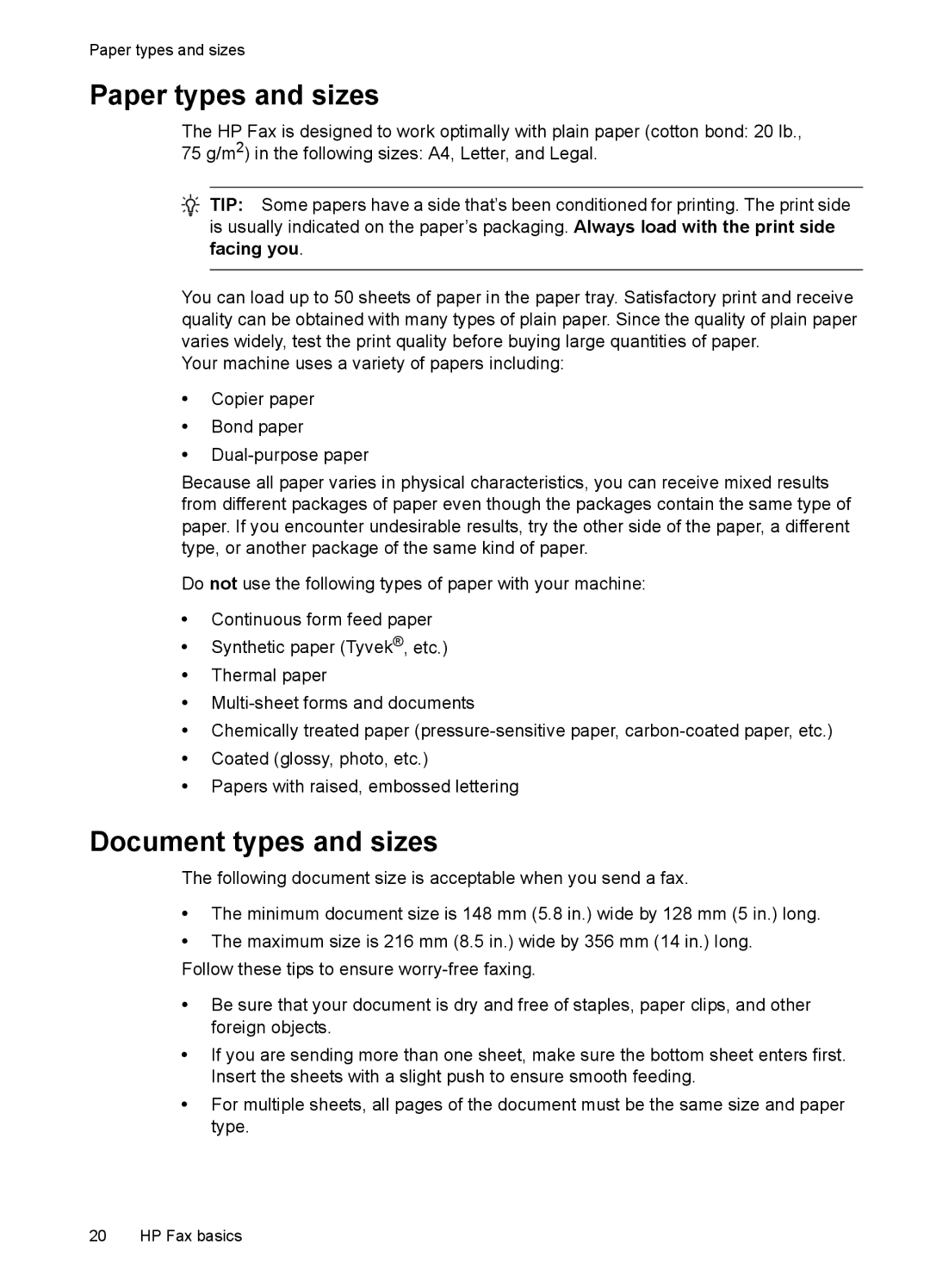 HP 2140 Fax manual Paper types and sizes, Document types and sizes 