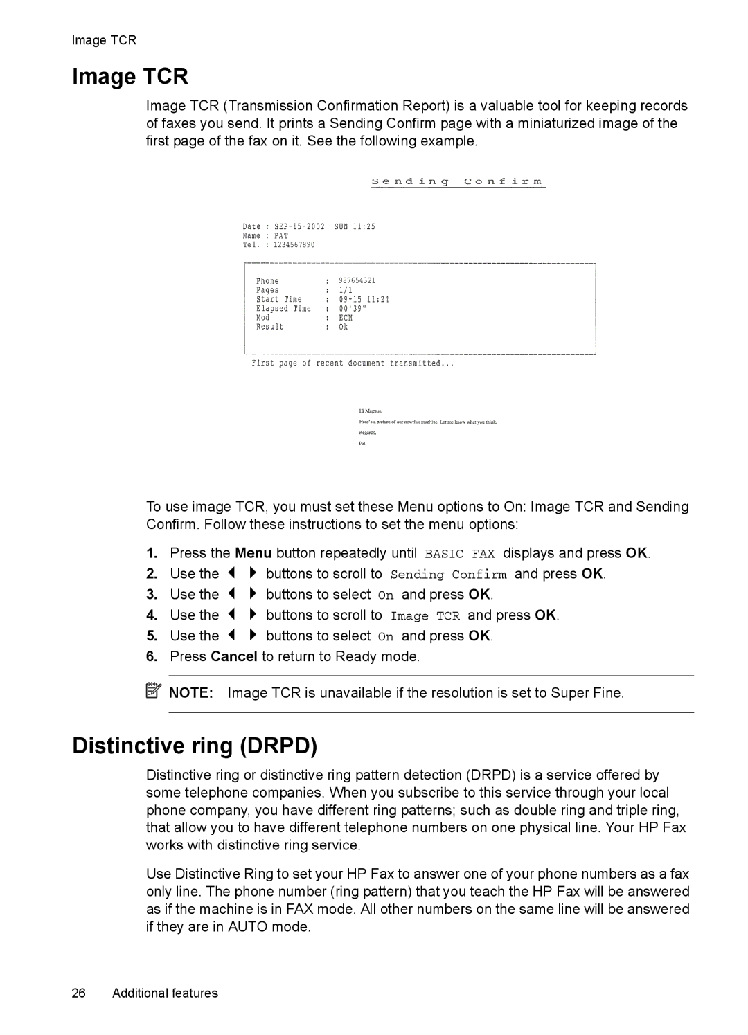 HP 2140 Fax manual Image TCR, Distinctive ring Drpd 