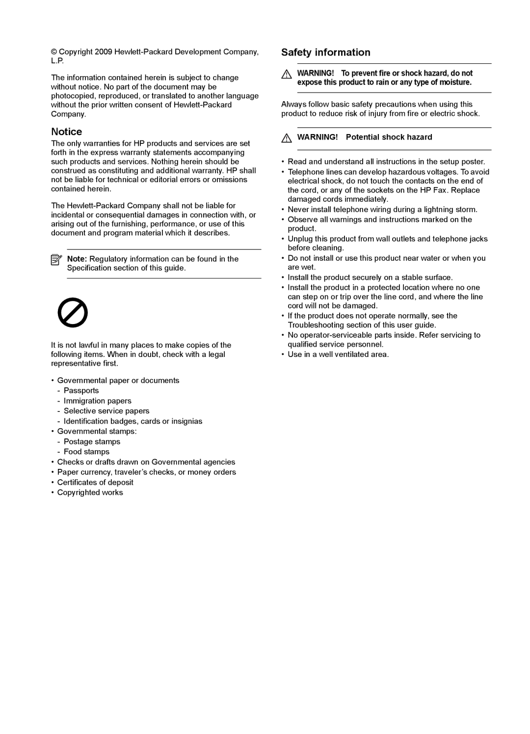 HP 2140 Fax manual Safety information 