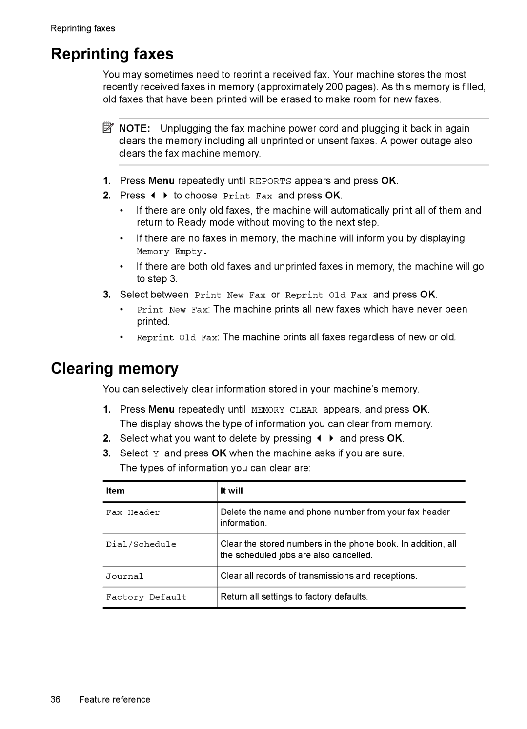 HP 2140 Fax manual Reprinting faxes, Clearing memory, It will 