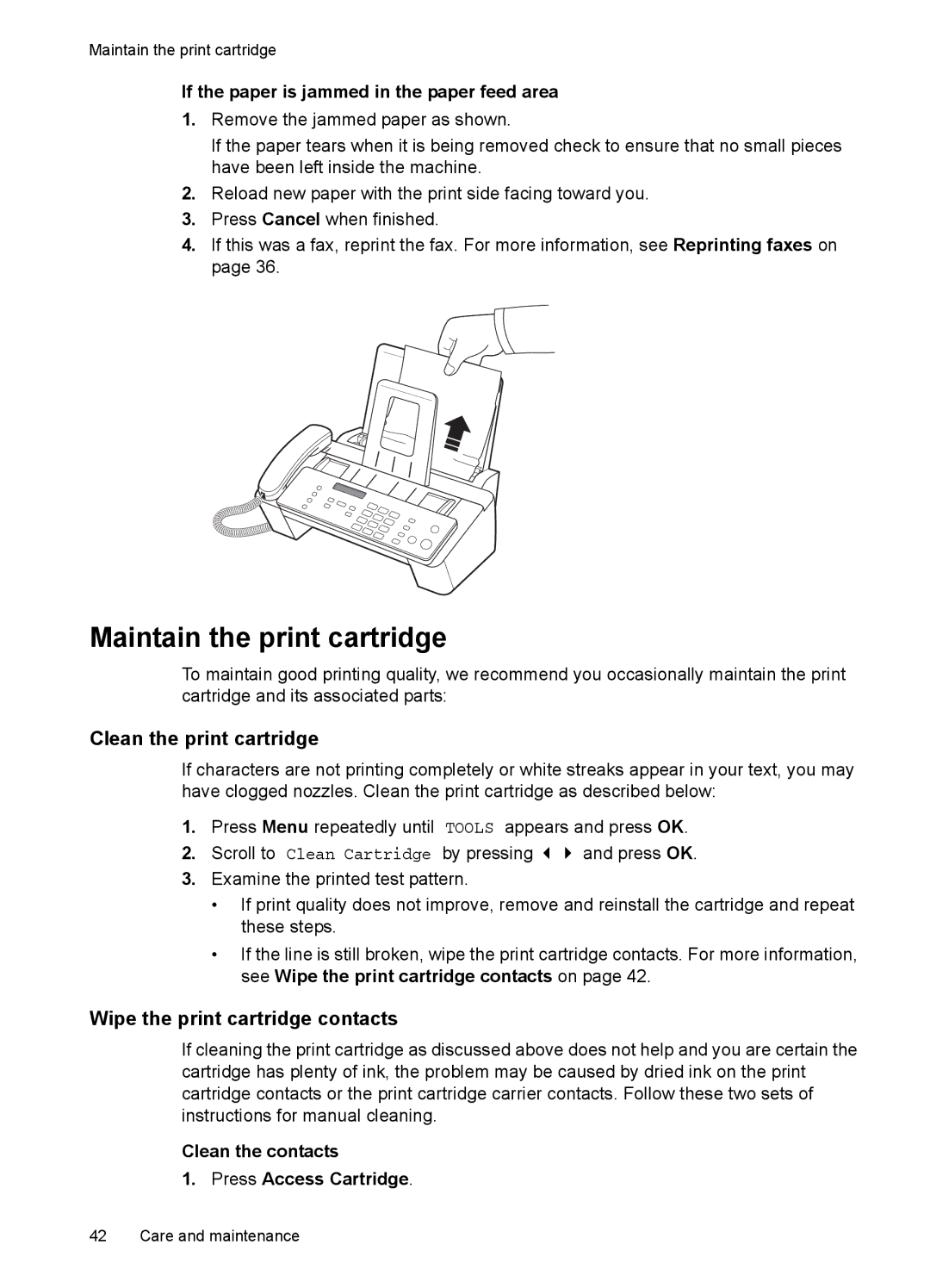 HP 2140 Fax manual Maintain the print cartridge, Clean the print cartridge, Wipe the print cartridge contacts 