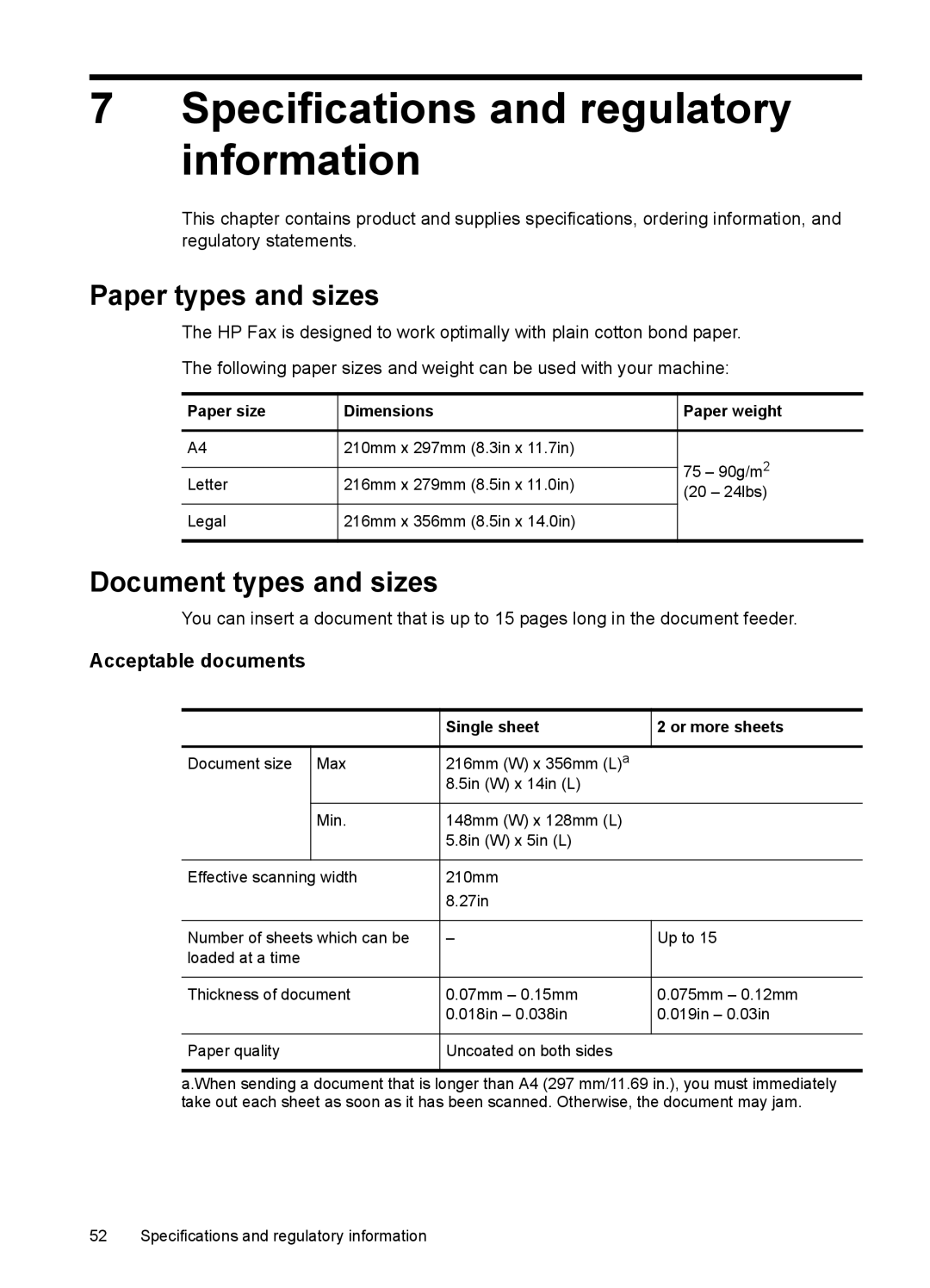 HP 2140 Fax manual Specifications and regulatory information, Acceptable documents, Paper size Dimensions Paper weight 