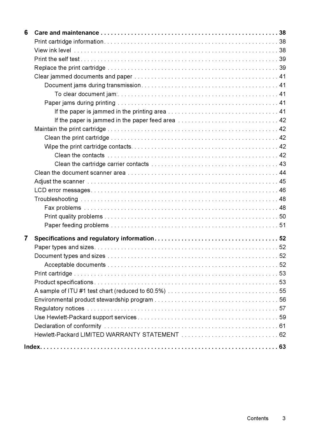 HP 2140 Fax manual Care and maintenance, Specifications and regulatory information, Index 