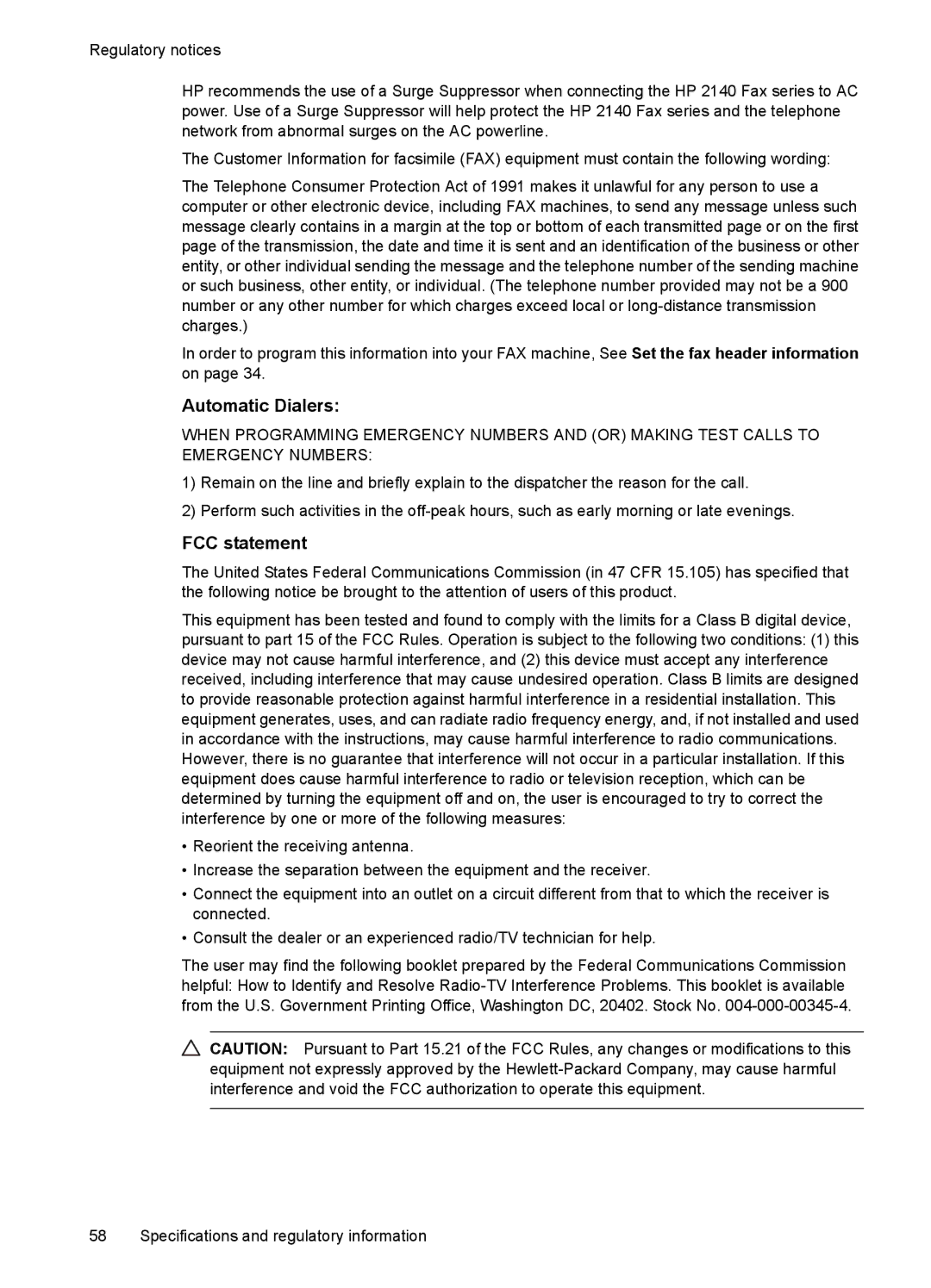 HP 2140 Fax manual Automatic Dialers, FCC statement 