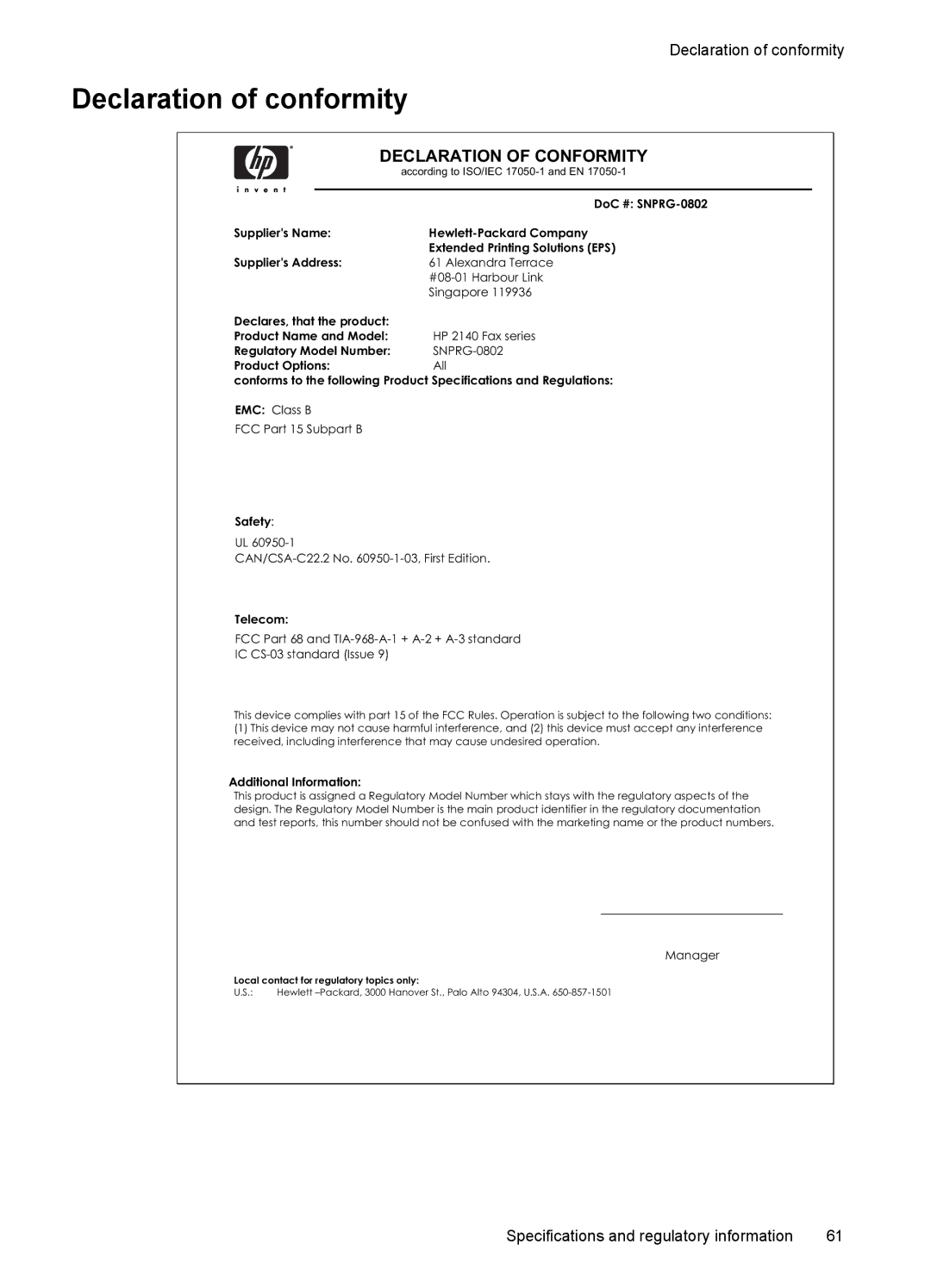 HP 2140 Fax manual Declaration of conformity, Declaration of Conformity 