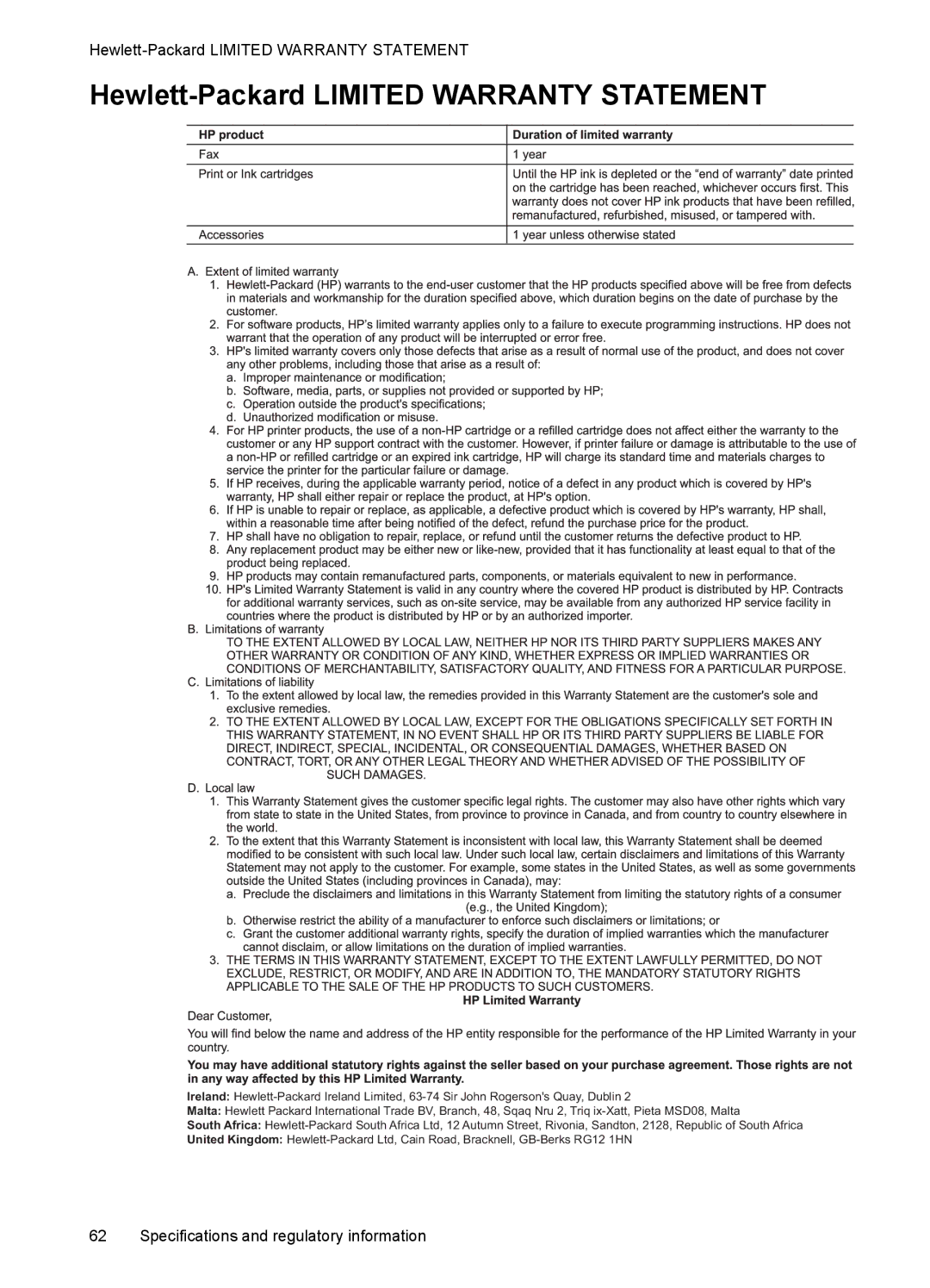 HP 2140 Fax manual Hewlett-Packard Limited Warranty Statement 