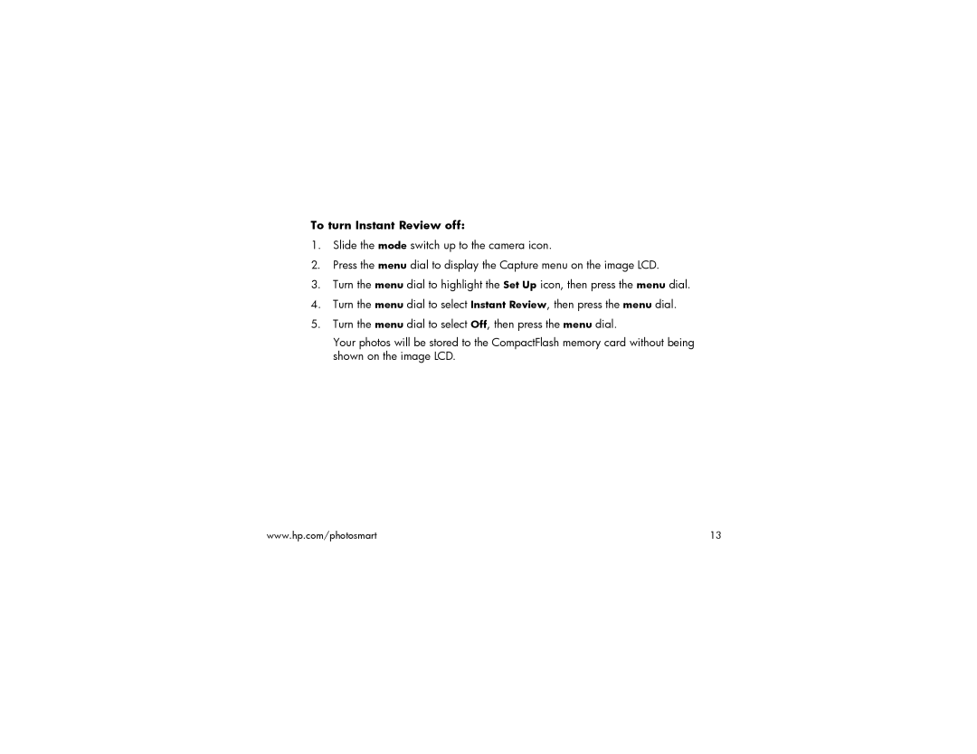 HP 215 manual To turn Instant Review off 