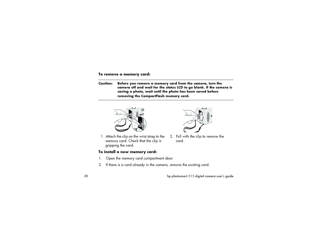 HP 215 manual To remove a memory card, To install a new memory card, Removing the CompactFlash memory card 