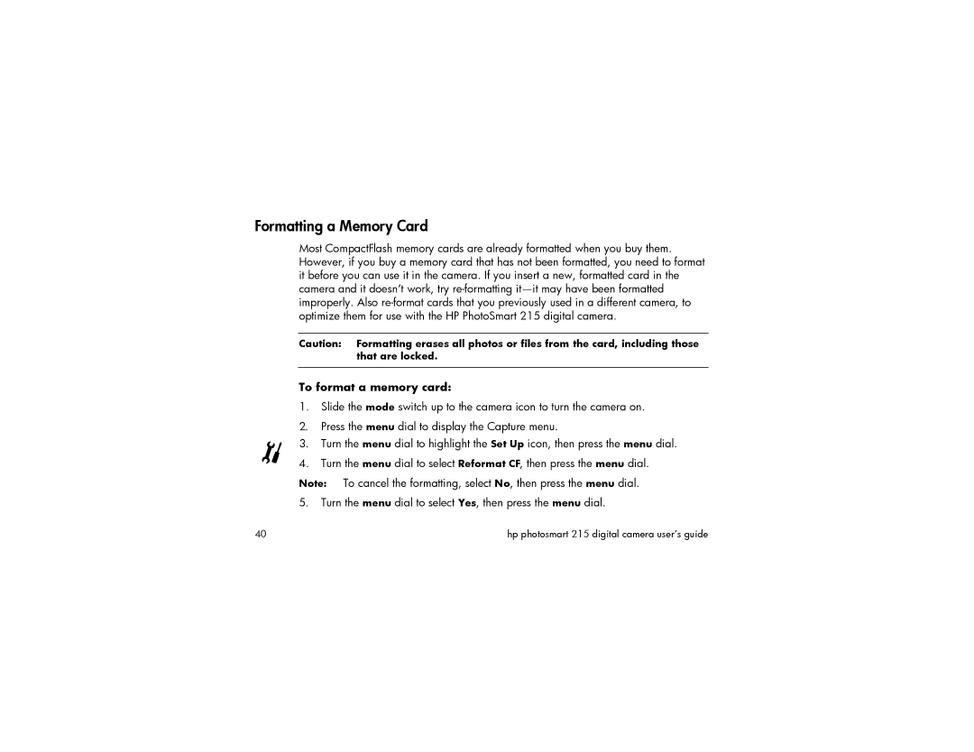 HP 215 manual Formatting a Memory Card, To format a memory card 