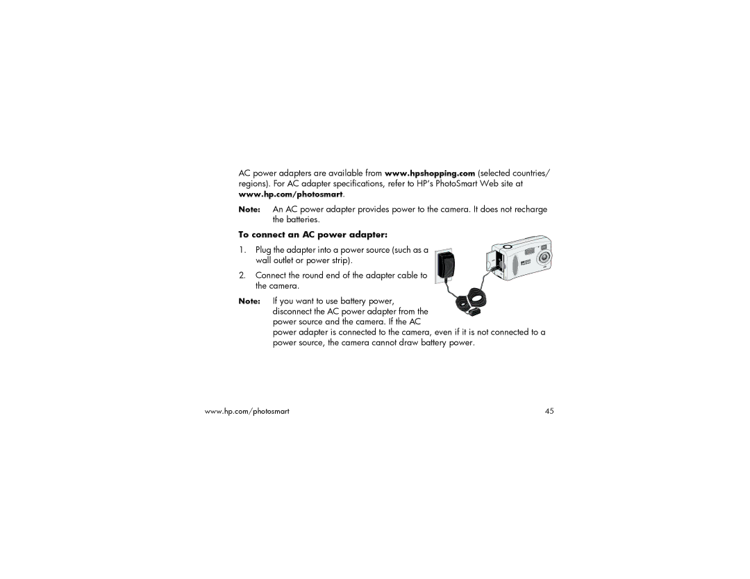 HP 215 manual To connect an AC power adapter 