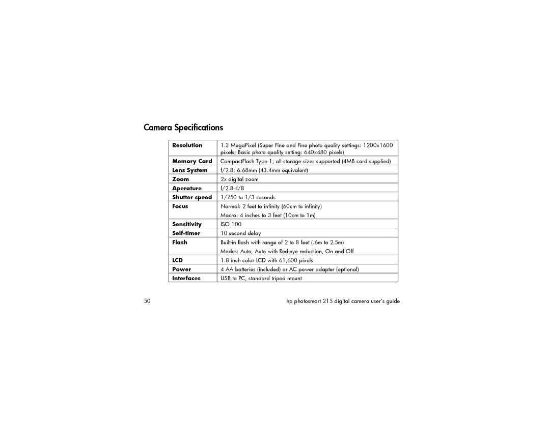 HP 215 manual Camera Specifications 