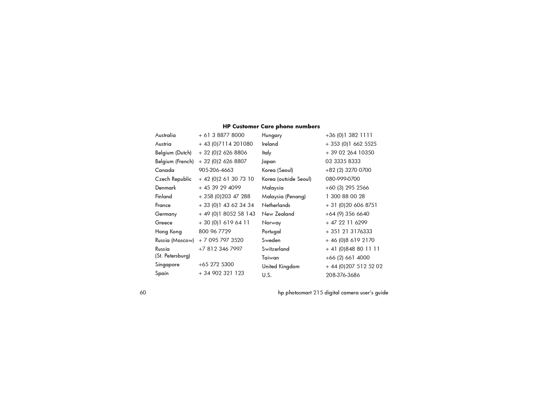 HP 215 manual HP Customer Care phone numbers 