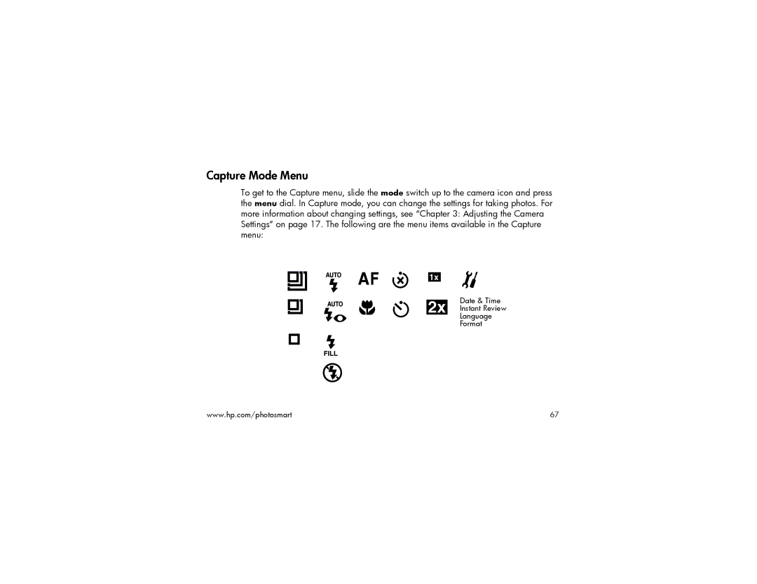 HP 215 manual Capture Mode Menu 