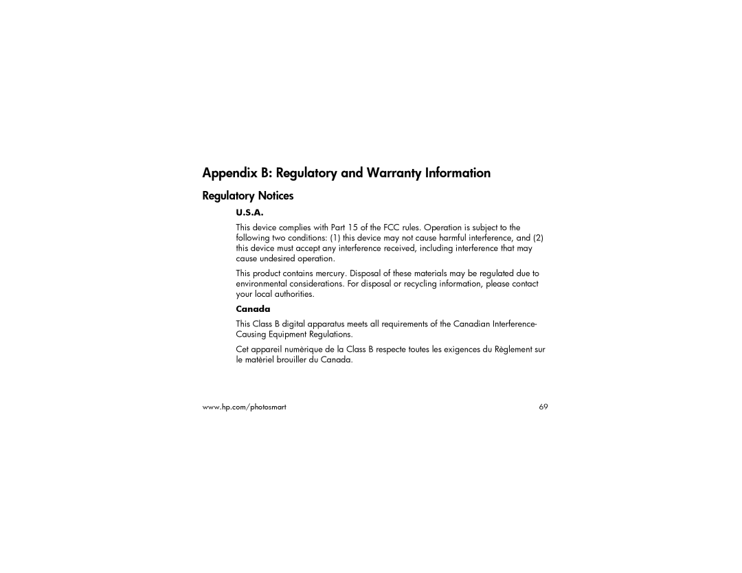 HP 215 manual Appendix B Regulatory and Warranty Information, Regulatory Notices, Canada 