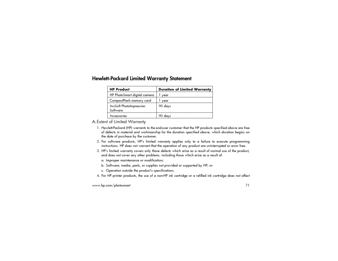 HP 215 manual Hewlett-Packard Limited Warranty Statement, HP Product Duration of Limited Warranty 