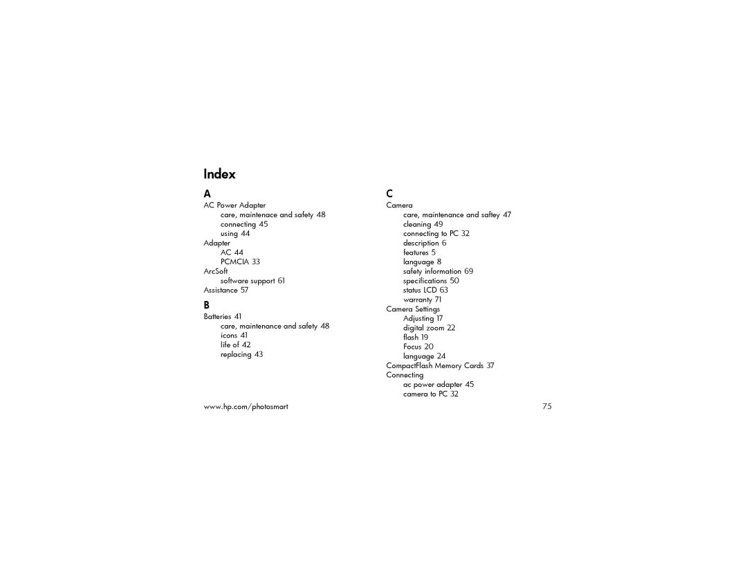 HP 215 manual Index, AC 44 Pcmcia 