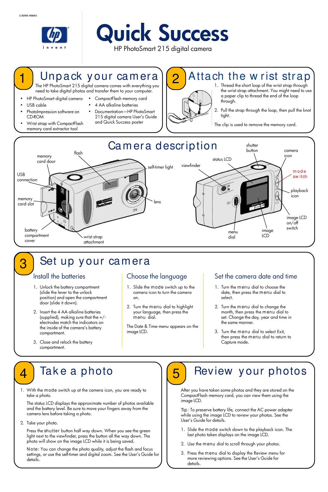 HP 215 manual Unpack your camera, Camera description, Set up your camera, Take a photo Review your photos 