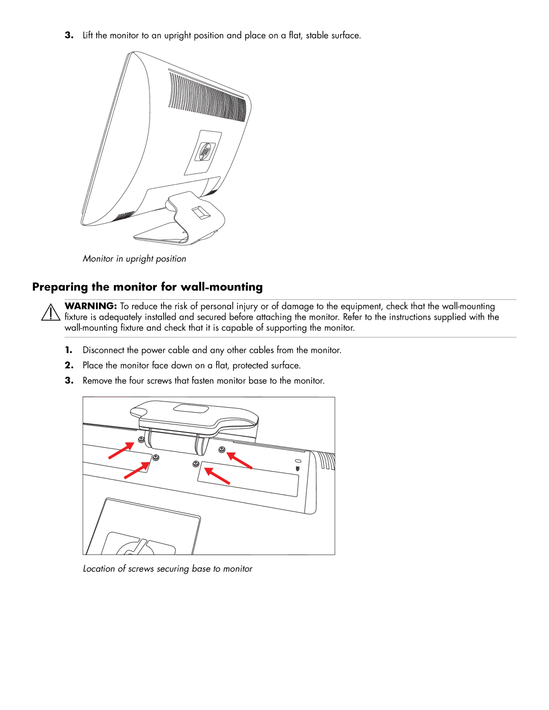 HP 2159m Diagonal Full HD, 2009m 20-inch Diagonal HD Ready manual Preparing the monitor for wall-mounting 