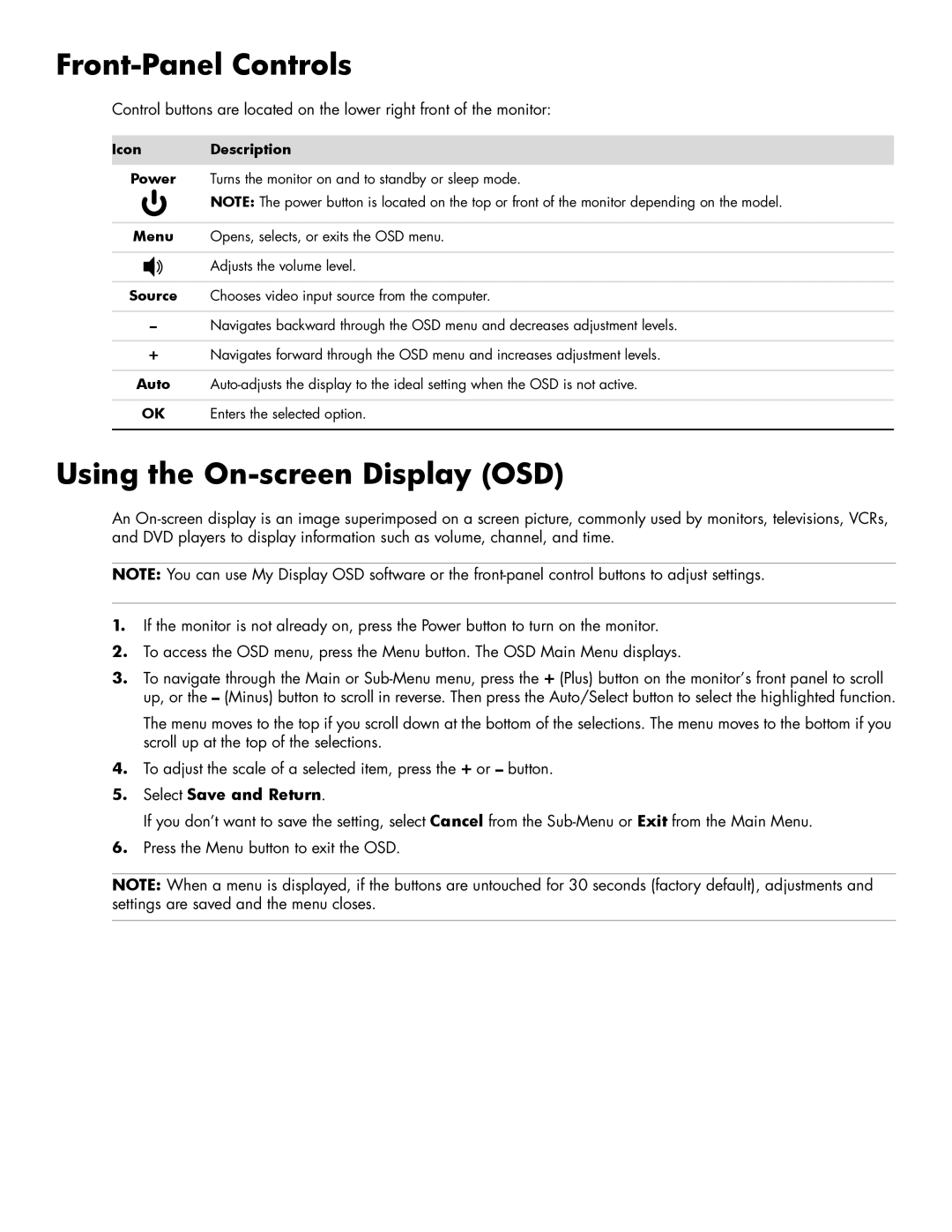 HP 2709m 27-inch Diagonal Full HD manual Front-Panel Controls, Using the On-screen Display OSD, Icon Description 