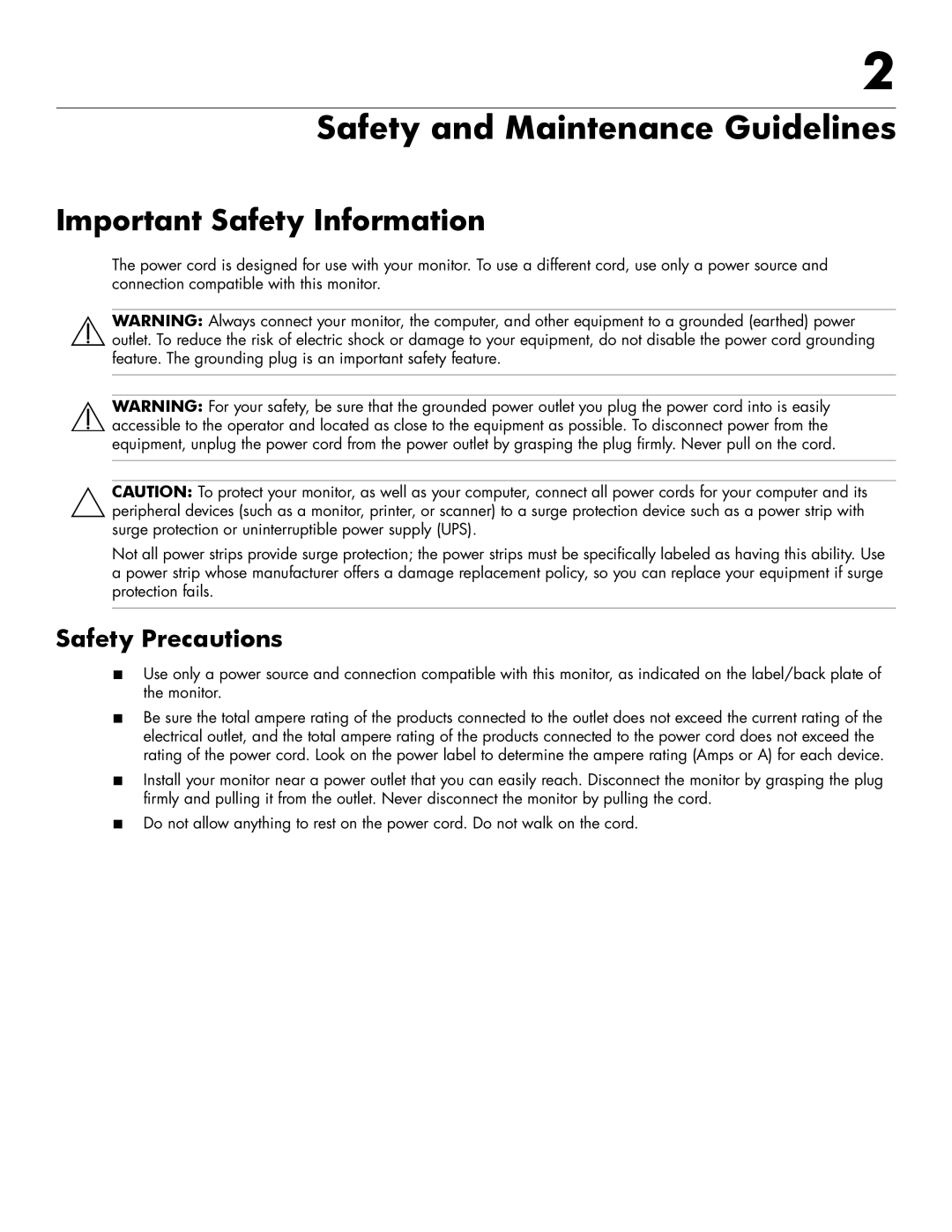 HP 2159m Diagonal Full HD manual Safety and Maintenance Guidelines, Important Safety Information, Safety Precautions 