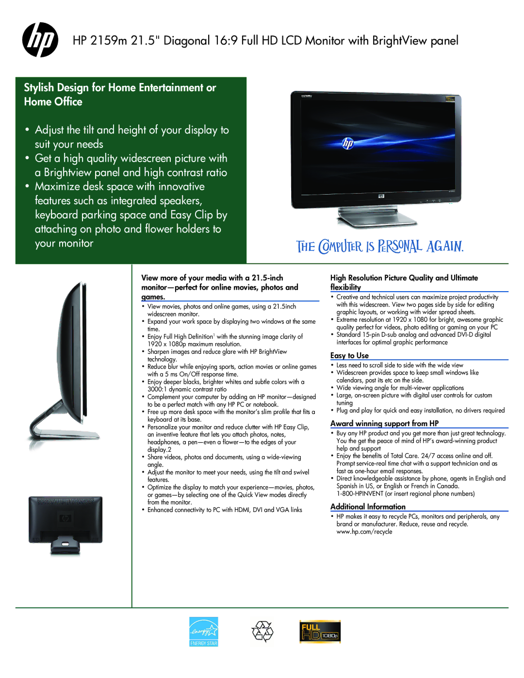 HP 2159m manual High Resolution Picture Quality and Ultimate flexibility, Easy to Use, Award winning support from HP 