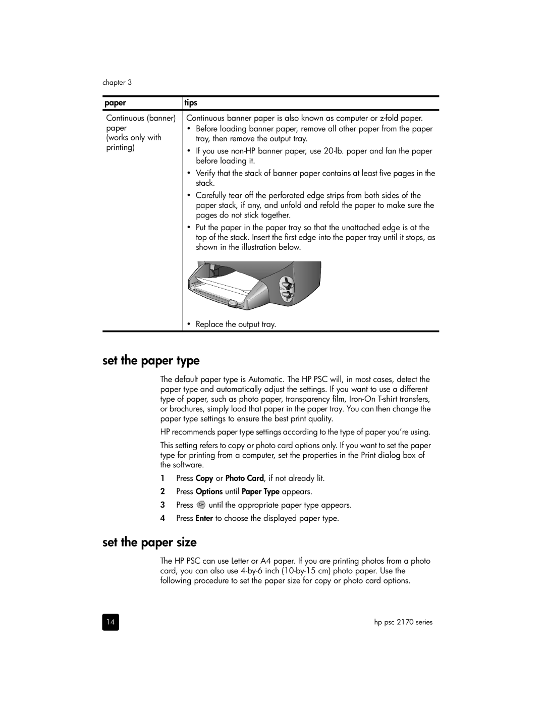 HP 2170, 2175xi, 2175v manual Set the paper type, Set the paper size 