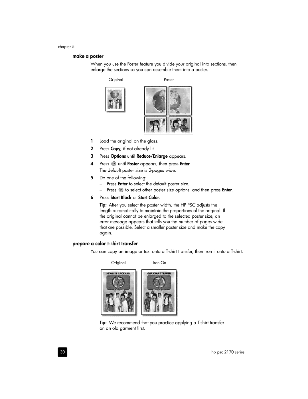 HP 2170, 2175xi, 2175v manual Make a poster, Prepare a color t-shirt transfer 