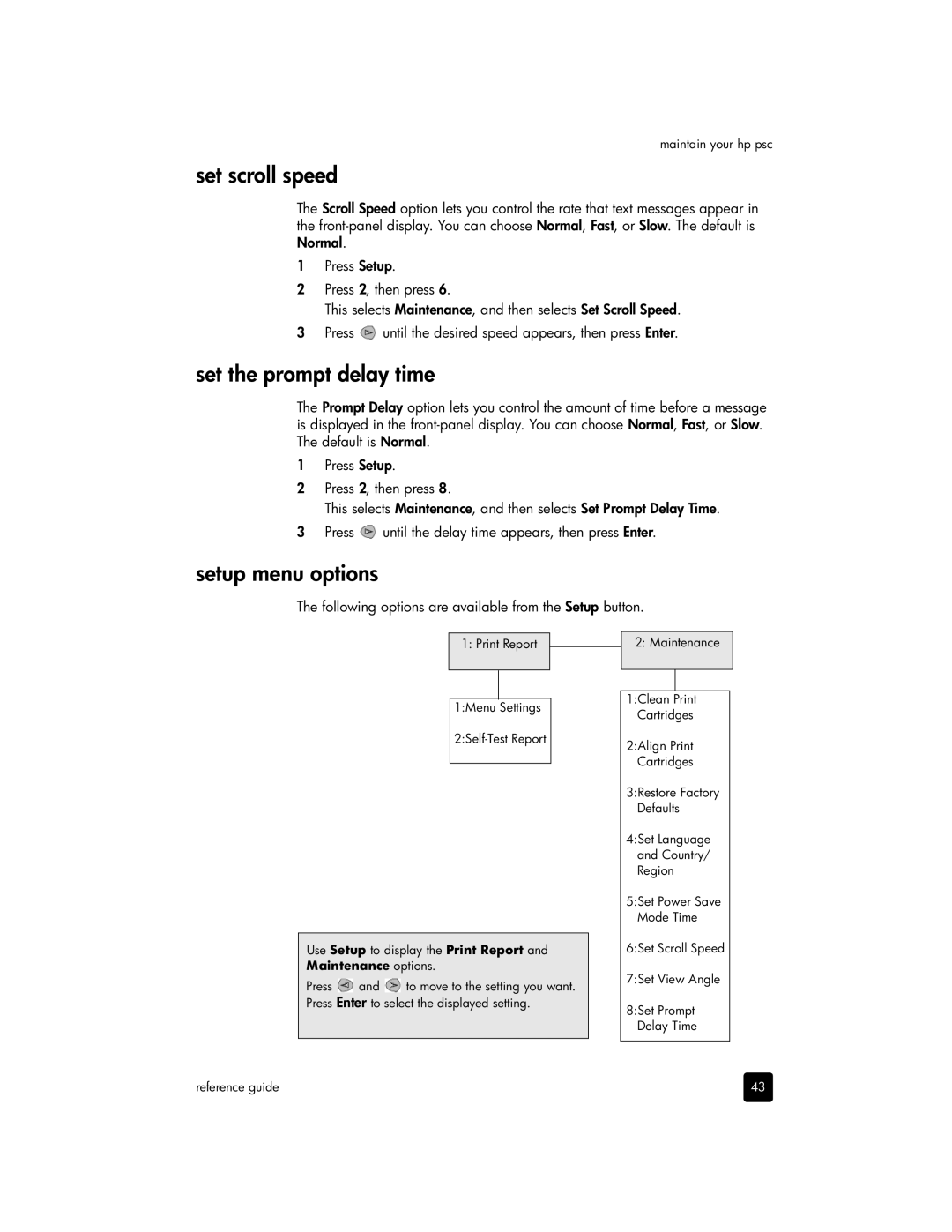 HP 2175xi, 2170, 2175v manual Set scroll speed, Set the prompt delay time, Setup menu options 