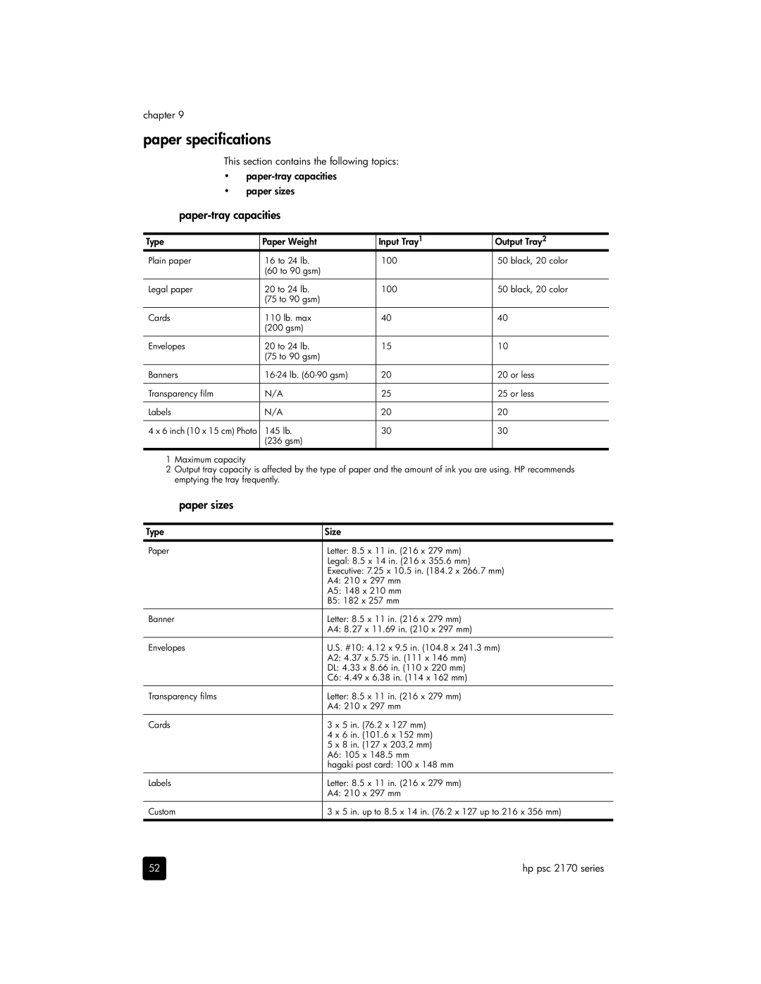 HP 2170, 2175xi, 2175v manual Paper specifications, Paper-tray capacities, Paper sizes 