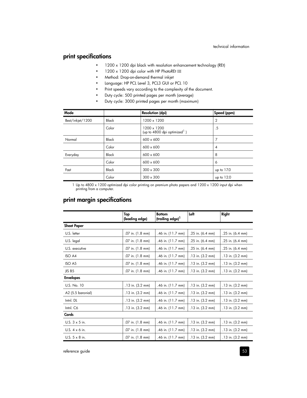 HP 2175v, 2170, 2175xi manual Print specifications, Print margin specifications 