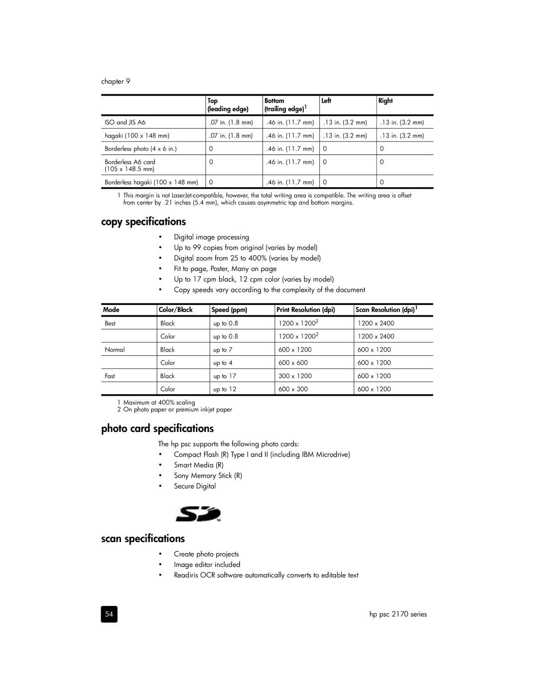 HP 2170, 2175xi, 2175v manual Copy specifications, Photo card specifications, Scan specifications 