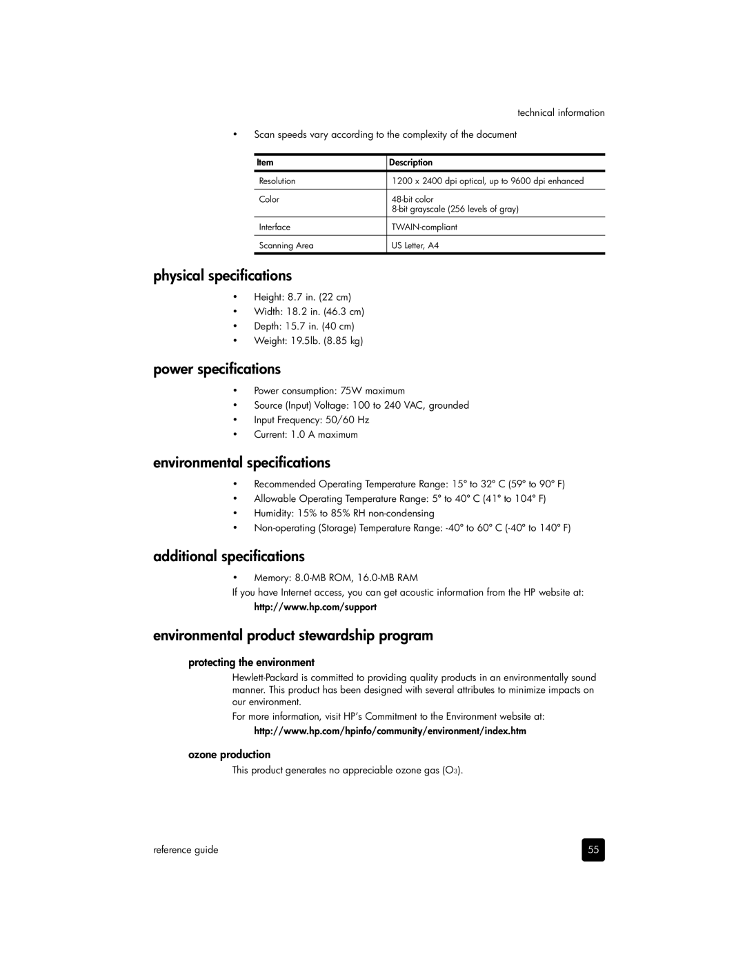 HP 2175xi, 2170 Physical specifications, Power specifications, Environmental specifications, Additional specifications 