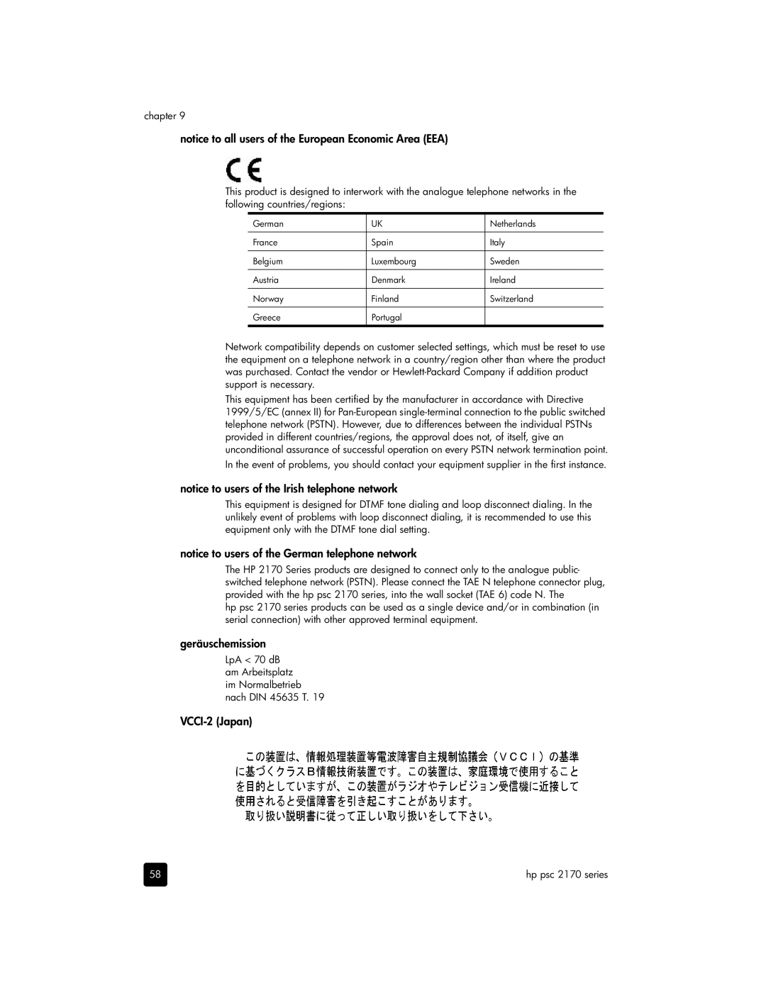 HP 2170, 2175xi, 2175v manual Geräuschemission, VCCI-2 Japan 