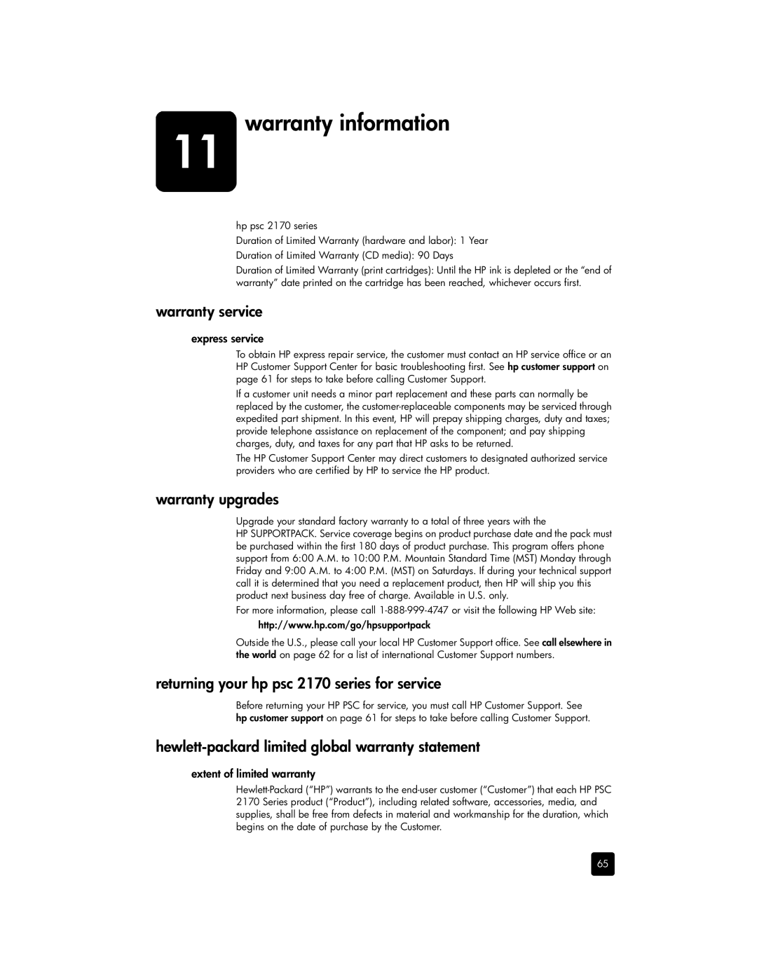 HP 2175v, 2175xi Warranty information, Warranty service, Warranty upgrades, Returning your hp psc 2170 series for service 