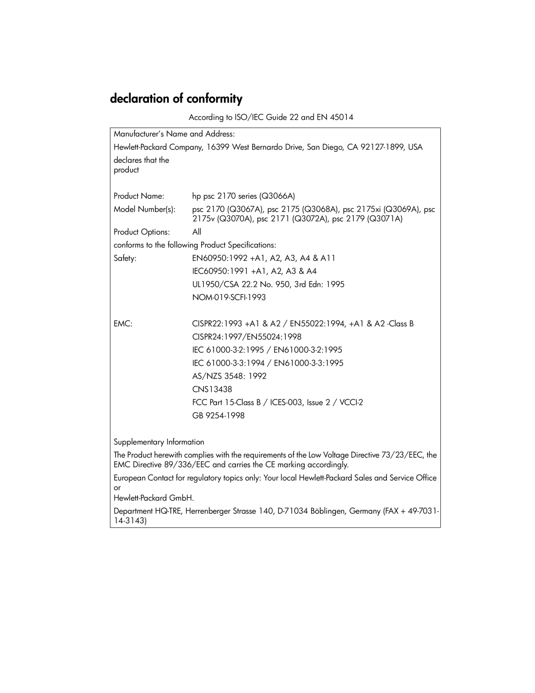 HP 2175v, 2170, 2175xi manual Declaration of conformity 