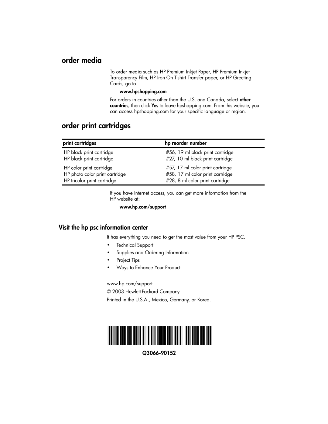 HP 2170, 2175xi, 2175v manual Q3066-90152, Order media, Order print cartridges, Visit the hp psc information center 