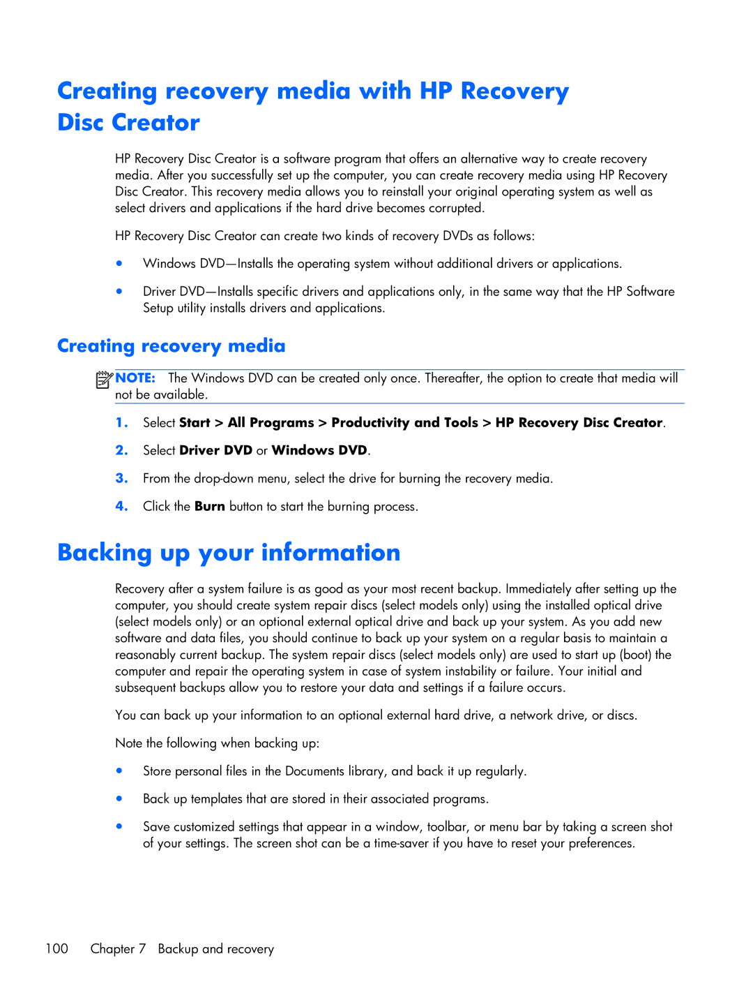 HP 2170p B8V03UTABA manual Creating recovery media with HP Recovery Disc Creator, Backing up your information 