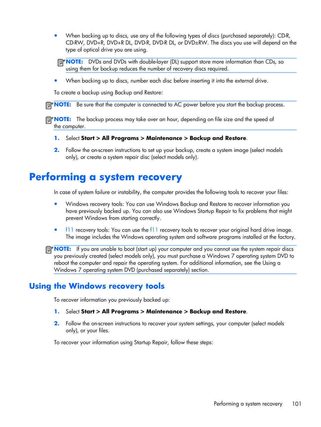 HP 2170p B8V03UTABA manual Performing a system recovery, Using the Windows recovery tools 